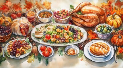 Roasted turkey and autumn feast on indoor table