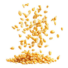 Golden corn kernels falling on a pile against a black background