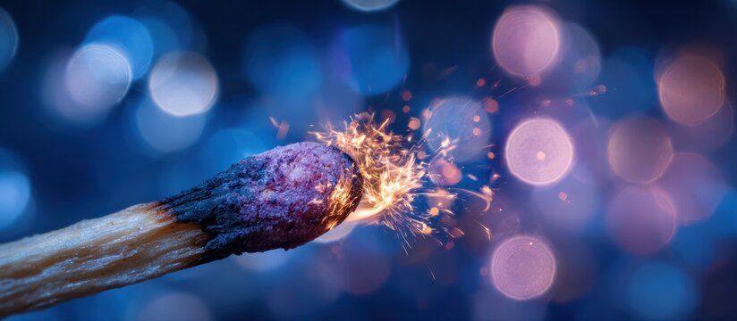 Close-up of a burning match with sparks against a blurred background of bokeh lights