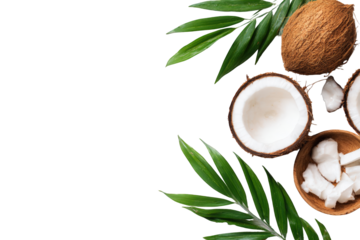 Fresh coconuts and palm leaves on black background