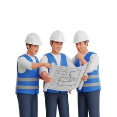 three architects looking at blueprint