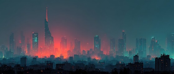 Fototapeta premium Night futuristic skyline glowing in neon colors with tall skyscrapers, modern urban fantasy cityscape and large blank sky space for sci fi, cyber and technology themed backgrounds