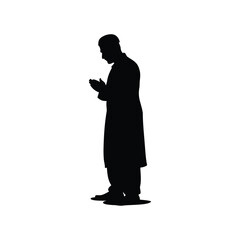 Silhouette of a man in traditional Islamic clothing praying humbly, muslim man standing in prayer silhouette vector illustration