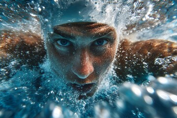 Focused athlete practices freestyle stroke, displaying strength and precision in clear indoor pool.
