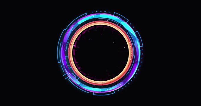 Render Neon circle rotation of frame with shining effects on dark background. Video animation Empty purple glowing techno backdrop. Round motion frame