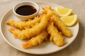 Golden Brown Tempura with Dipping Sauce and Lemon Garnish