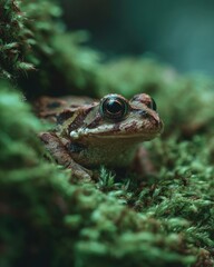 Close-up of a frog nestled in moss