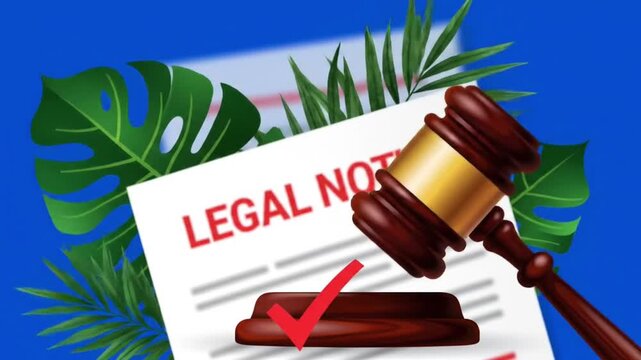 Legal notice document stamped with gavel and checkmark over tropical background. Law and regulation concept

