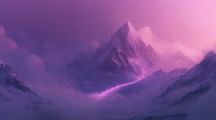 Serene sunrise over snow-covered mountain range with purple light