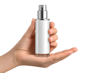 Female hand holding blank cosmetic bottle isolated o white background.