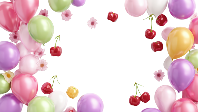 Colorful balloons, flowers, and cherries frame