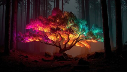 Illuminated tree in a misty forest