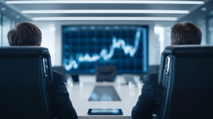 Modern corporate office scene with executives reviewing an ESG report on digital tablets, sustainability graphs displayed on large screen.