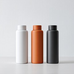 Three blank, cylindrical containers, white, terracotta, and dark gray, stand on a light surface against a plain background