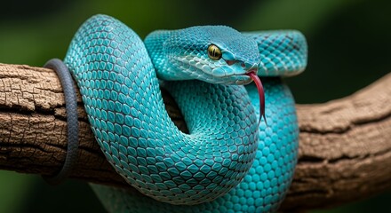 Blue viper sticking its tongue out on a tree branch
