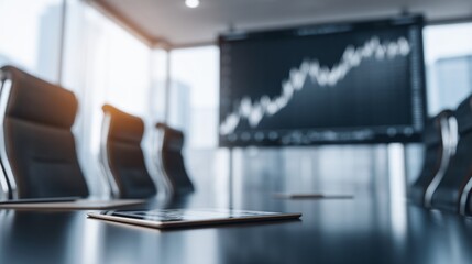 Modern corporate office scene with executives reviewing an ESG report on digital tablets, sustainability graphs displayed on large screen.