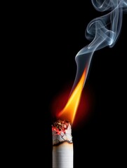 A glowing ember highlights a burning cigarette as smoke curls gracefully upward against a black background. The contrast creates an intense visual with vibrant colors and details