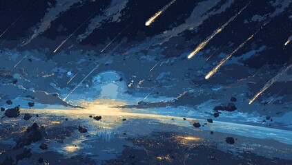 Meteor shower over a planet, sunrise