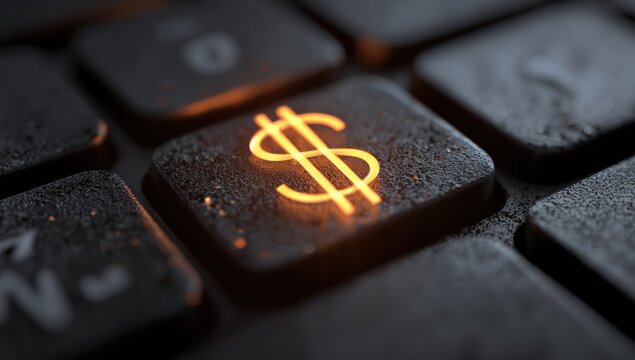 Close-up of glowing dollar sign on a computer keyboard - Powered by Adobe