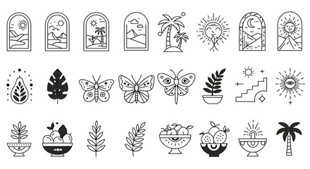 Collection of vector illustrations in minimalist style featuring nature elements like moon, sun, plants, and butterflies, perfect for logo design and branding projects.