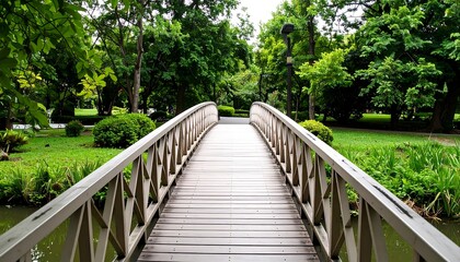 Obraz premium Wooden Bridge in Lush Green Park - A Peaceful Escape.