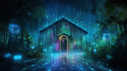 Futuristic house surrounded by glowing data streams in forest at night