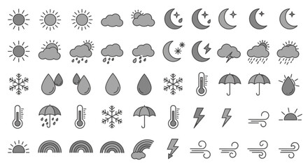 Collection of weather icons including sun, clouds, rain, snow, moon, stars, lightning, thermometer, umbrella, and wind.