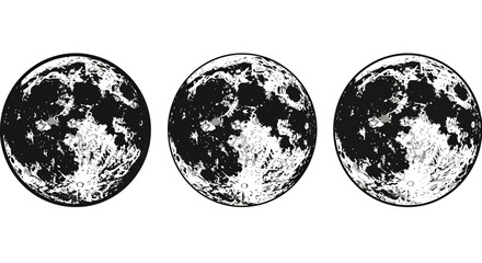 Obraz premium Three detailed vector illustrations of the full moon, presented in a crisp black and white PNG format for graphic design use.