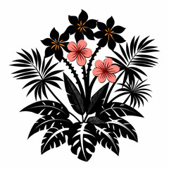 Tropical Bloom Pack Floral Black Silhouette Vector Illustration on White Background