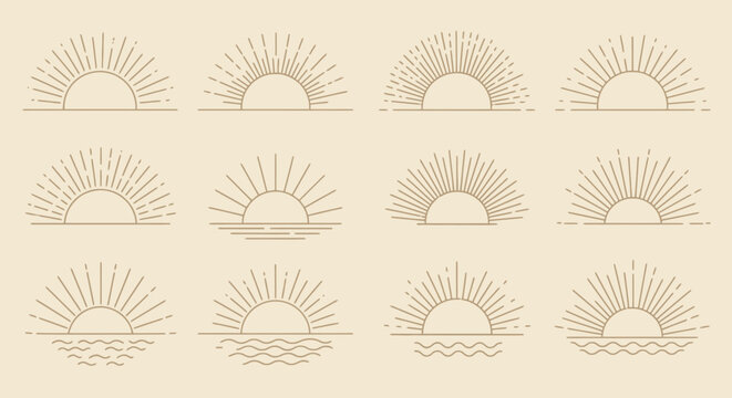 Fototapeta Twelve vector illustrations of minimalist moons and suns with rays, perfect for branding, logos, and website design.  High-resolution PNG downloads included.