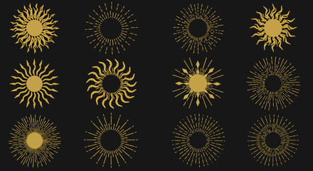 A collection of twelve golden sunburst vector designs, each with a unique and stylized appearance, radiating light and energy against a dark background, suitable for various creative projects.