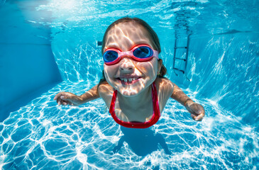 Naklejka premium Funny portrait of a happy girl with goggles diving under water in swimming pool
