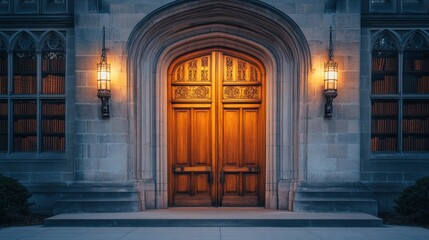 Large ornate wooden double doors at stone library at night