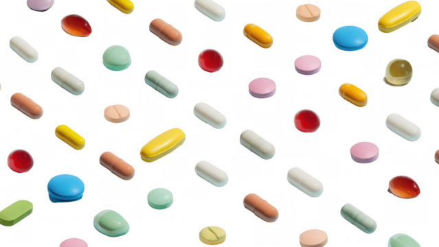 Colorful pills in a pattern, created with AI, PNG