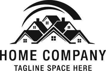Black and white logo for a home company, featuring stylized houses and a wave-like graphic element.
