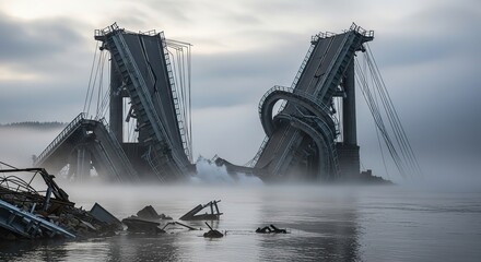 Dramatic collapsed bridge over misty water, industrial disaster, structural failure, environmental impact
