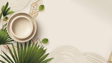 Beige background with bowls, leaves, and straw