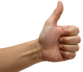 Hand giving thumbs up, studio, white background, positive feedback