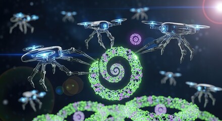 Obraz premium Advanced nanobots meticulously assemble complex molecular structures in a futuristic scientific exploration.