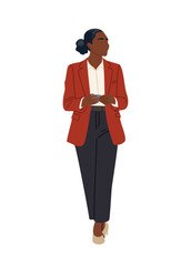 Vector flat illustration of a stylish Black African American business woman in smart casual red jacket, pants, and heels, standing full length with phone, isolated on transparent background
