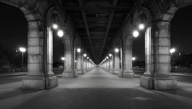 Urban bridge at night, monochrome