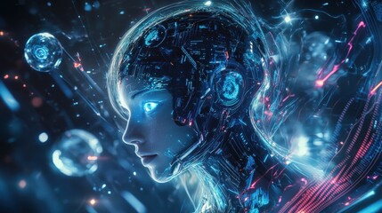 Young Asian woman exploring digital environment with robot at night