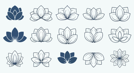 Collection of stylized lotus flower designs in various shapes and colors.