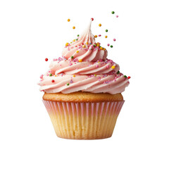 Pink cupcake with swirl frosting and sprinkles some sprinkles are falling