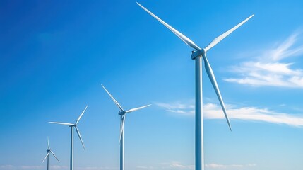 Four rotating wind turbines in open field under clear sky