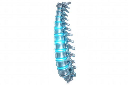 Metallic human spine with glowing intervertebral discs rotating on transparent background, perfect for medical presentations and scientific projects