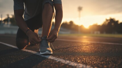 Close-up of athlete tying shoelaces on racetrack with sunset background, fitness motivation, outdoor sports training, and competition preparation.