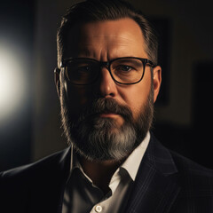Fototapeta premium Dramatic Portrait of a Serious Bearded Man with Glasses