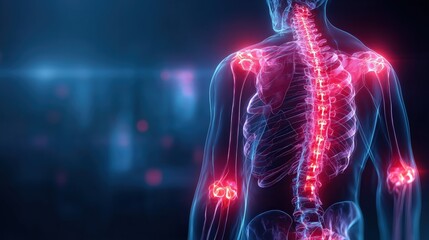 Abstract science visualization of human figure with red glowing circulatory system, neural pathways, and futuristic biotechnology medical research concept.