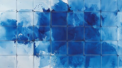 Abstract blue watercolor painting with grid pattern